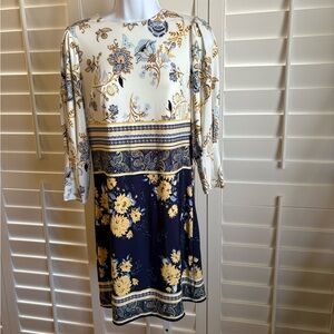 Vince Camuto Navy and Cream Floral Long Sleeve Dress